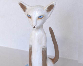 Cat Art Doll, Cat Sculpture, Figurine , Handmade Paper Clay Cat, Siamese Cat, Whimsical Cat Sculpture, Figurine, Cat, Miniature Cat Figurine