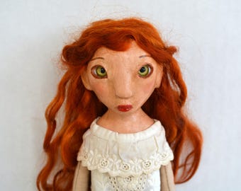 Handmade Cloth Clay Art Doll, Auburn Mohair Locks, Primitive Folk Doll