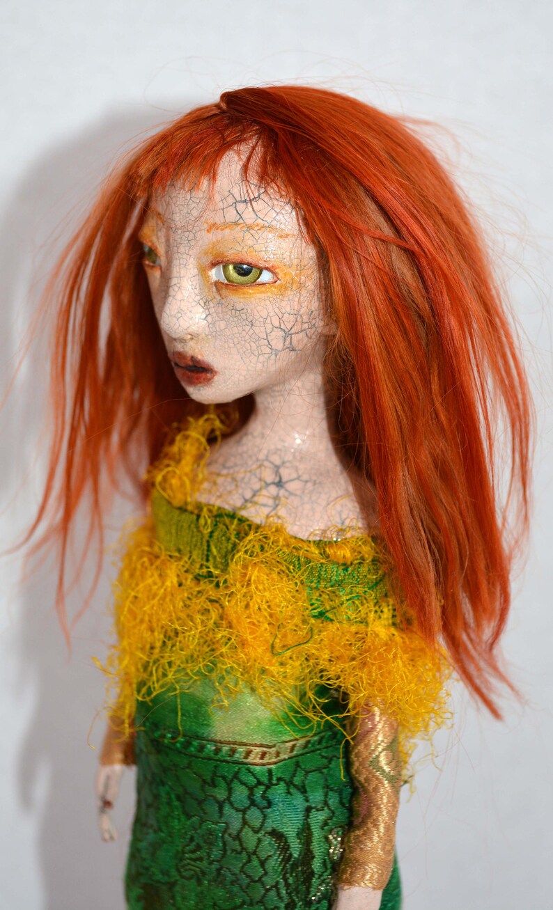 Art Doll, Sculpted Paper Clay Art Doll, Crackle Glazed, Handmade Doll, Red Auburn Suri Angora Mohair, The L Series, LAKEN image 6