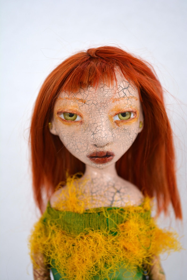 Art Doll, Sculpted Paper Clay Art Doll, Crackle Glazed, Handmade Doll, Red Auburn Suri Angora Mohair, The L Series, LAKEN image 4