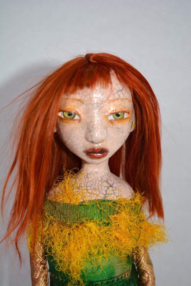 Art Doll, Sculpted Paper Clay Art Doll, Crackle Glazed, Handmade Doll, Red Auburn Suri Angora Mohair, The L Series, LAKEN image 1