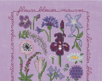 Kit de point de croix fleurs mauves et bleues par Le Bonheur des Dames