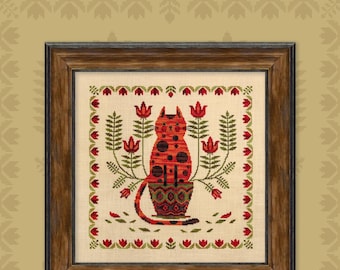 The Cat and the Flouriculture by Owl Forest Embroidery 2022 Printed counted cross stitch pattern Set of threads 28, 32 ct., 36 ct. with 2 st