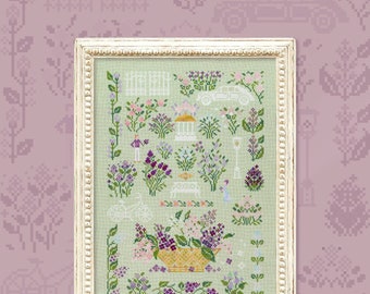 Lilac Garden Rendezvous by Owl Forest Embroidery 2023 Printed cross stitch pattern, Set of OwlForest Hand-Dyed Threads 28,32,36 ct with 2str