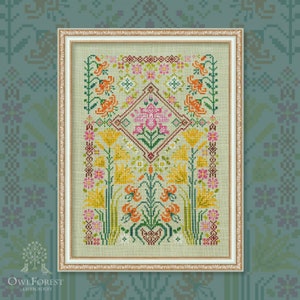 Lilies by Owl Forest Broderie 2023 Motif imprimé point de croix, lot de fils OwlForest teints à la main DMC 28,32,36 cts avec 2 fils