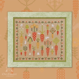 Carrot Forest by Owl Forest Embroidery. Série The Forest Samplers Motif de point de croix Ensemble de fils teints à la main DMC 28, 32, 36 ct avec 2 fils