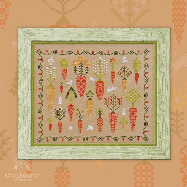 Carrot Forest by Owl Forest Embroidery. The Forest Samplers Series Cross stitch pattern Set of Hand-Dyed Threads DMC 28, 32, 36ct with 2 str