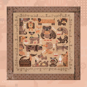 Funny Dogs by Owl Forest Broderie 2023 Motif imprimé point de croix compté Ensemble de fils OwlForest teints à la main DMC 28, 32 cts avec 2 fils