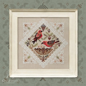 May include: A framed cross-stitch embroidery featuring two red birds perched on a branch with a nest below. The design is surrounded by a white lace pattern on a beige background.