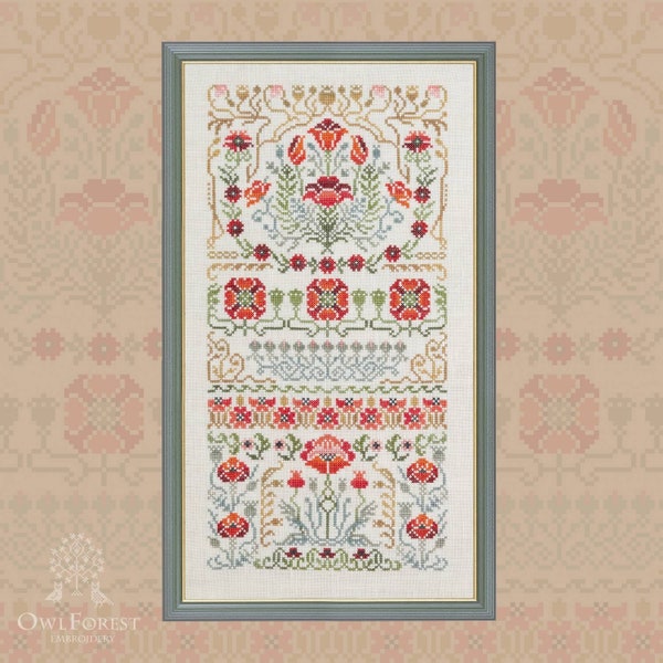 Gorgeous Poppy by Owl Forest Embroidery 2023. Printed cross stitch pattern, Threads Set (DMC) 40ct. with 1 str, 36, 32, 28ct. with 2 strands