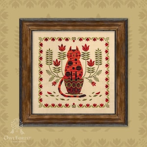 The Cat and the Flouriculture by Owl Forest Embroidery 2022 Printed counted cross stitch pattern Set of threads 28, 32 ct., 36 ct. with 2 st