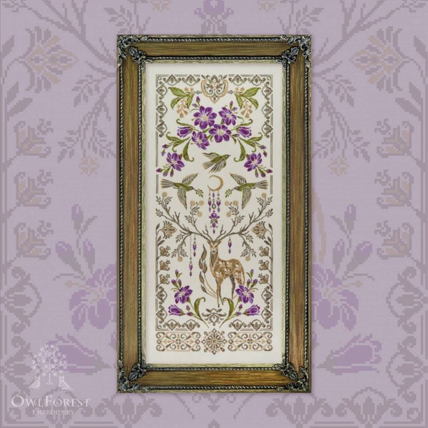 Moon Deer by Owl Forest Embroidery 2023. Printed counted cross stitch pattern, Set of Hand-Dyed Threads DMC 32 ct with 2 strands