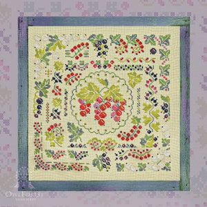 Currant Summer by Owl Forest Embroidery 2021 Counted cross stitch pattern, Set of Hand-Dyed Threads 28 ct., 32 ct., 36 ct. with 2 strands