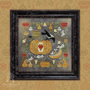 Citrouille corbeau par Owl Forest Embroidery 2022. Motif imprimé point de croix compté, ensemble de fils teints à la main (DMC)
