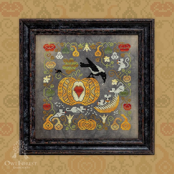 Pumpkin Crow by Owl Forest Embroidery 2022. Printed counted cross stitch pattern Hand-Dyed Threads Set (DMC)