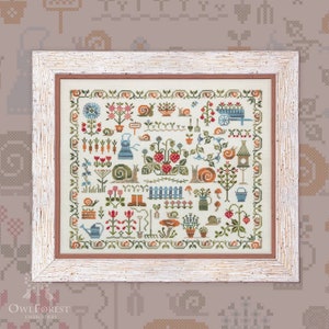 Jardin d&#39;escargots par Owl Forest Embroidery. Modèle de broderie point de croix, lot de fils OwlForest teints à la main DMC 28, 32, 36 carats avec 2 fils