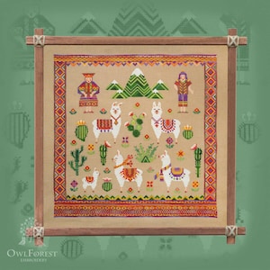 Lamas by Owl Forest Embroidery 2023 Motif imprimé au point de croix compté Ensemble de fils teints à la main (DMC) 32 ct. avec 2 brins