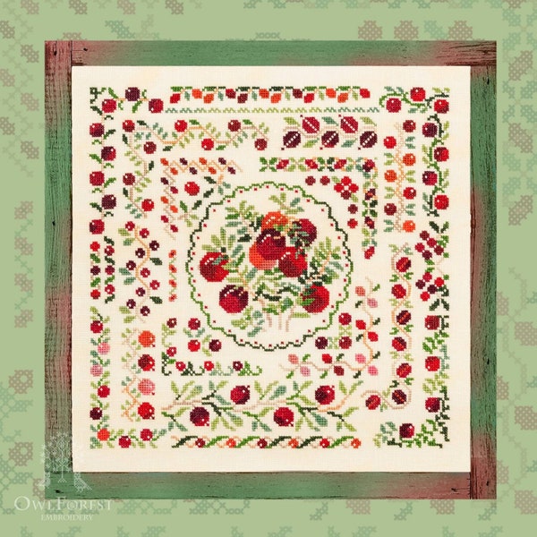 Cherry Summer by Owl Forest 2022 Counted Cross Stitch Pattern, Set of Owl Forest Hand-Dyed Threads, DMC (32, 28 ct. with 2 strands)