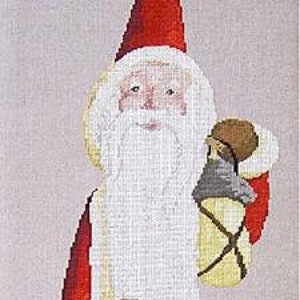 May include: A white-bearded Santa Claus wearing a red and white suit, holding a walking stick and a bag of gifts. He is standing on a white background.