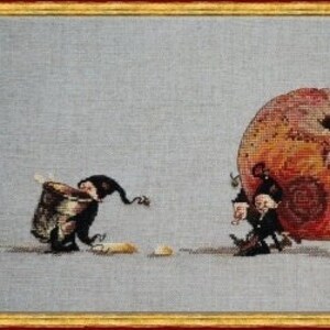 May include: Four small figures with pointed hats push a large, round, orange apple with a brown stem. The apple is much larger than the figures. The figures are wearing black clothing and have white faces. One figure is carrying a small, silver bucket.