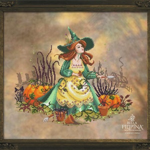May include: A cross stitch pattern featuring a witch with long red hair wearing a green dress and a pointed hat, tending to a pumpkin patch. The background is a soft yellow and green with a hint of brown. The pattern is titled "Bella Filipina" by "Cross Stitch Designs by Susanna Parkilla".