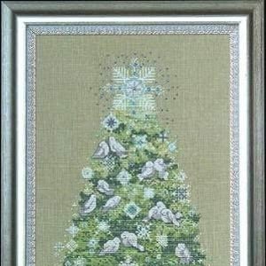 May include: A cross-stitch pattern of a white Christmas tree with white birds and snowflakes on a beige background.