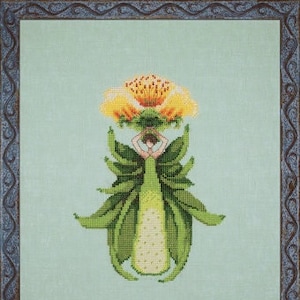 May include: A cross-stitch pattern featuring a green fairy with yellow flower wings. The fairy is wearing a green dress and has a yellow flower crown.