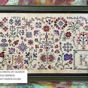 Flowers Of Quaker by Rosewood Manor Design. Primitive cross stitch pattern Valdani Floss Set