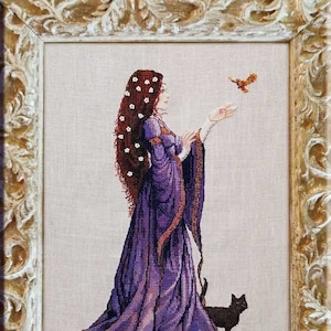 La dame au chat de Nimuë, designer Annaïck Chauvel Kit ou modèle de point de croix compté, sortie en 2023