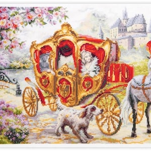 May include: A white horse-drawn carriage with a red and gold interior, pulled by two white horses. A woman in a white dress sits inside the carriage. A small white dog walks beside the carriage. The carriage is in front of a castle with a green lawn and a blue sky.