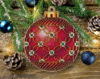 Red Christmas tree ball 021 by Wonderland Crafts Cross-stitch with beads kit on wood Made in Ukraine