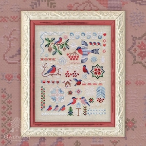 Bouvreuils par Owl Forest Embroidery. Motif imprimé au point de croix
