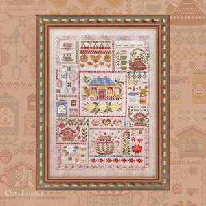 Échantillonneur de thé par Owl Forest Embroidery. Motif imprimé point de croix compté, lot de fils OwlForest (DMC) 32 ct avec 2 fils