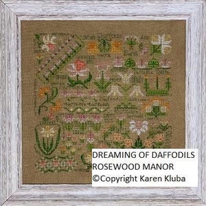 Dreaming of Daffodils by Rosewood Manor Design. Primitive cross stitch pattern designer Karen Kluba