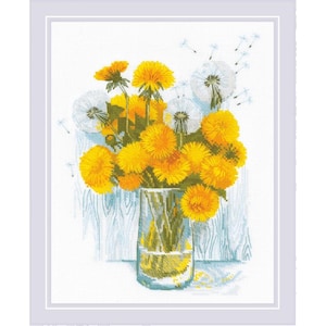 May include: A cross-stitch design of a bouquet of yellow dandelions and white dandelions in a clear glass vase. The dandelions are in full bloom, with some of the white dandelions showing their seeds. The background is a light blue and white wood-grain pattern.