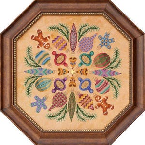 Puede incluir: Un diseño de punto de cruz enmarcado que presenta un patrón circular de adornos coloridos y figuras de pan de jengibre. Los adornos son de varias formas y tamaños, con detalles intrincados y un ambiente festivo.