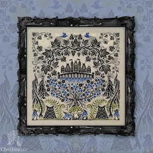 May include: A framed cross-stitch with a gothic design. The artwork depicts a castle, trees, and foliage in black, blue, and green. The frame is black, and the background is a light beige fabric. The Owl Forest logo is in the bottom left corner.