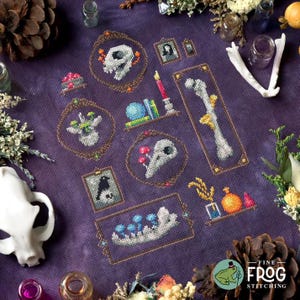 May include: A cross stitch pattern featuring a collection of framed images with a spooky, gothic theme. The images include skulls, bones, a raven, mushrooms, and other mysterious objects. The pattern is set against a dark purple background.