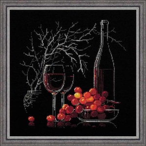 May include: Cross-stitch artwork featuring a still life with a wine bottle, two glasses of red wine, and a bowl of grapes. A white, leafless tree branch is in the background. The artwork is framed in a silver-colored frame.
