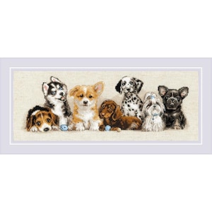 May include: A cross-stitch design featuring a variety of adorable puppies. The image showcases a Beagle, a Husky, a Corgi, a Dachshund, a Dalmatian, a Shih Tzu, and a French Bulldog. Each puppy has unique markings and expressions, set against a neutral background.