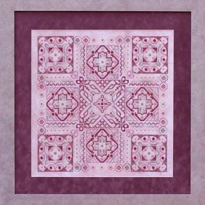 Puede incluir: Un patrón de punto de cruz rosa y blanco con un diseño geométrico. El patrón está enmarcado en un marco rosa oscuro.