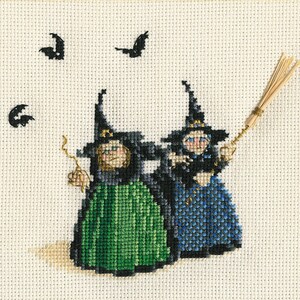 May include: Two witches with black hats and long dresses, one green and one blue, are flying on broomsticks. There are three black bats flying in the background.