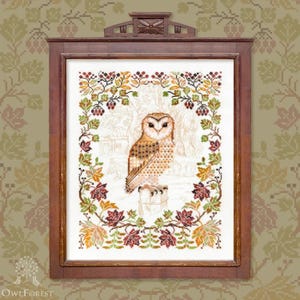 Effraie des cloches by Owl Forest Embroidery 2024 Motif imprimé point de croix compté Jeu de fils teints à la main DMC 28, 30, 32 carats, tissu imprimé 30 carats