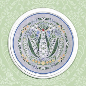 Fleurs de muguet by Owl Forest Embroidery 2024 Motif imprimé point de croix compté, lot de fils teints à la main DMC 32, 36 ct. avec 2 cordes