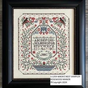 Wren’s Nest Sampler by Rosewood Manor Design 2025 Primitive printed pattern for embroidery