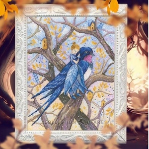 Op de afbeelding: Een kruissteekpatroon met een blauwe vogel waarop een kleine fee rijdt. De vogel zit op een tak van een boom met gele bladeren. De achtergrond is lichtblauw met witte sneeuwvlokken. De tekst "COLLECTION'S D'ART" staat onderaan de afbeelding.