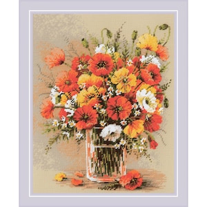 May include: A cross-stitch floral design featuring a vibrant bouquet of red, orange, yellow, and white flowers in a clear glass vase. The flowers include poppies and daisies, with a light beige background and a lavender border.