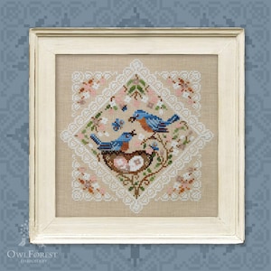 Bluebirds Lace Framed Birds by Owl Forest Embroidery. Printed counted cross stitch pattern Release 2023