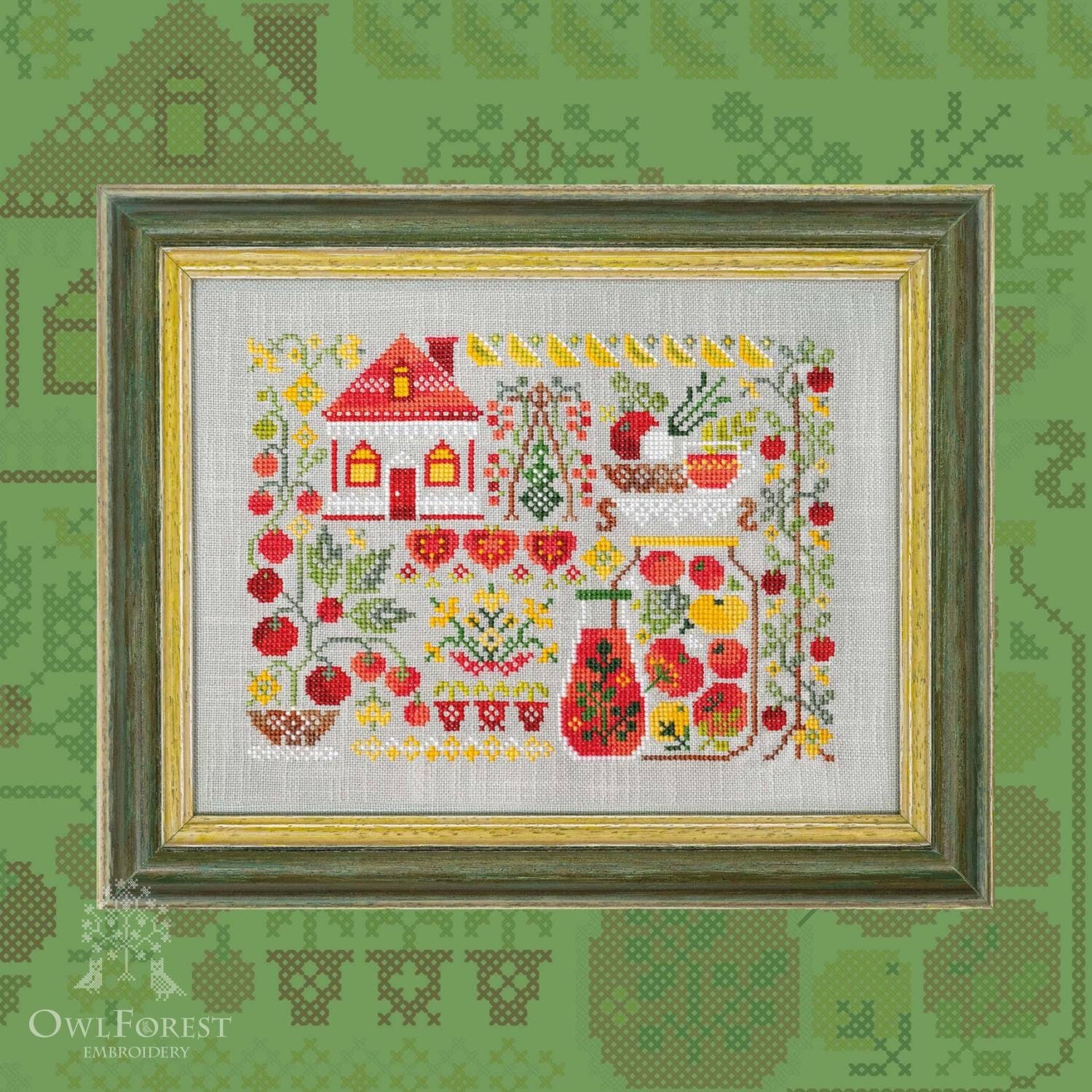 Harvest Season. Tomatoes by Owl Forest Embroidery 2023 Printed cross stitch pattern, Set Hand-Dyed T