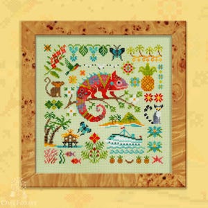 Lémurie. Chameleon by Owl Forest Broderie 2025 Motif imprimé point de croix compté Ensemble de fils OwlForest teints à la main DMC 32 cts avec 2 fils